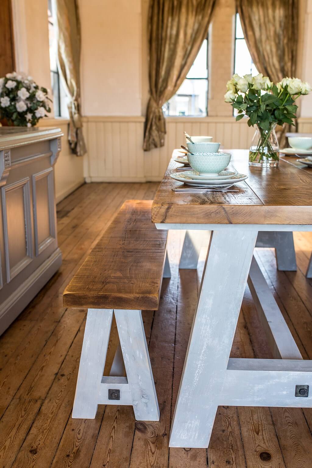 The Chatsworth Rustic Farmhouse Style Dining Table and Benches